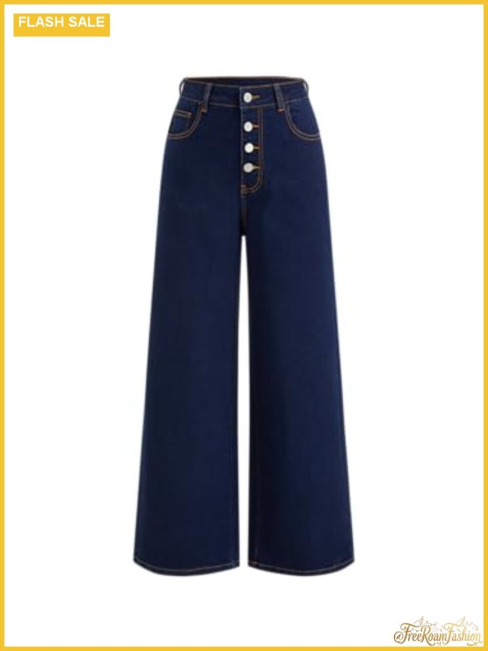 Wide Straight Leg High Waisted Stretch Denim Jeans Button Fly